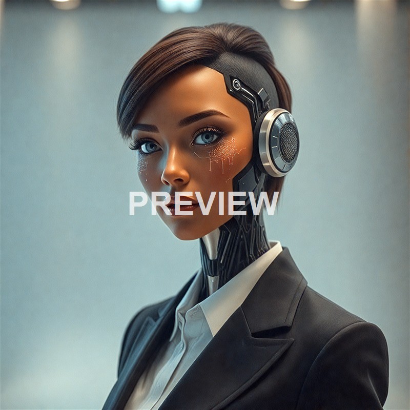 A female humanoid with realistic human features, short brown hair, and striking blue eyes, wearing a suit and a high-tech cybernetic headset on her head, with digital patterns on her face.